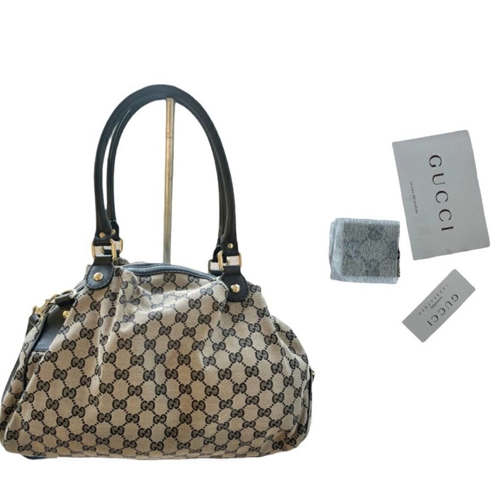 Gucci Sukey Large Canvas Leather Trim Large Satchel Handbag Purse Authentic